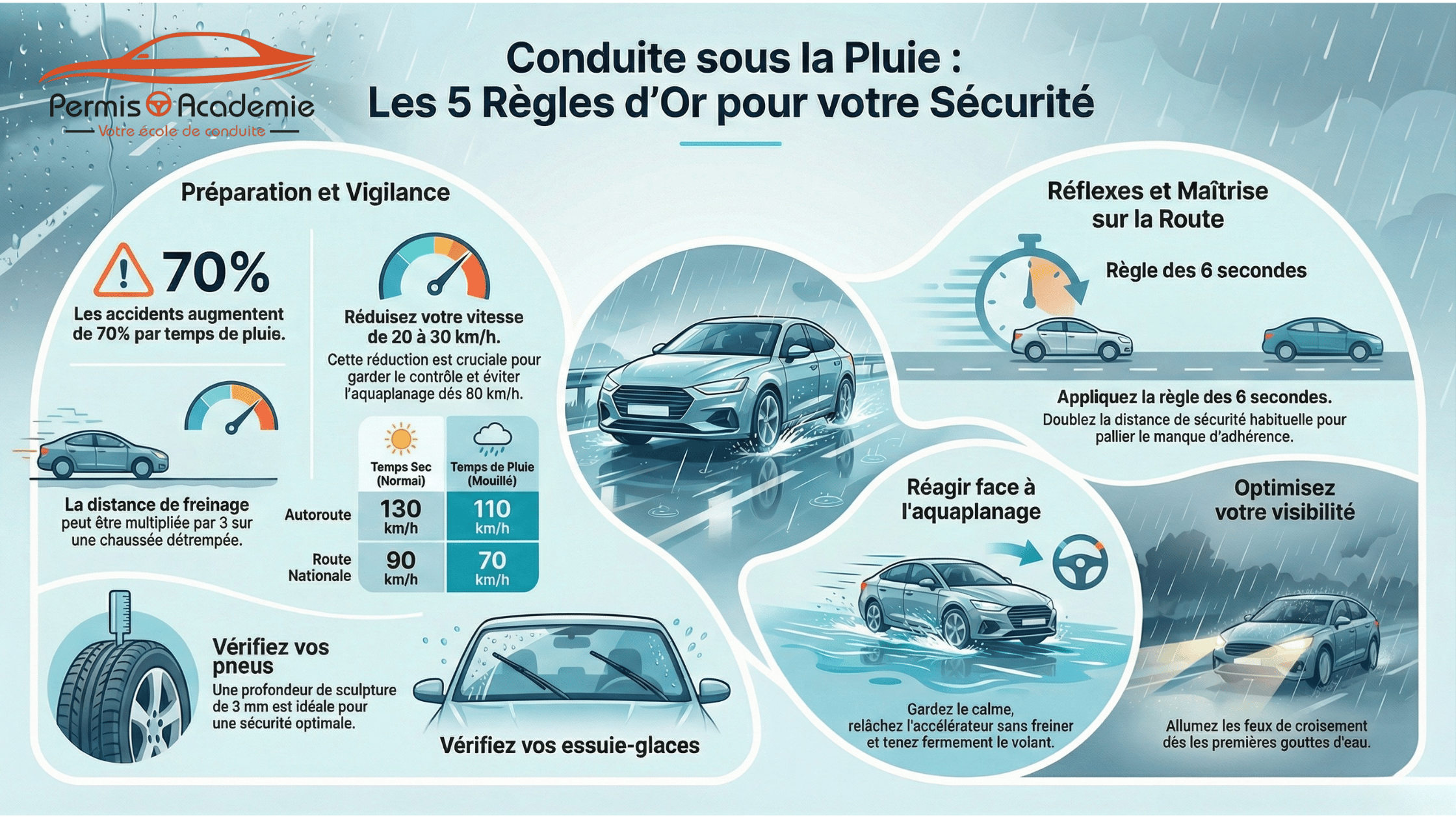 Infographique sur la conduite sous la pluie présentant les 5 règles de sécurité routière par temps mouillé, incluant les vitesses recommandées et conseils de freinage.